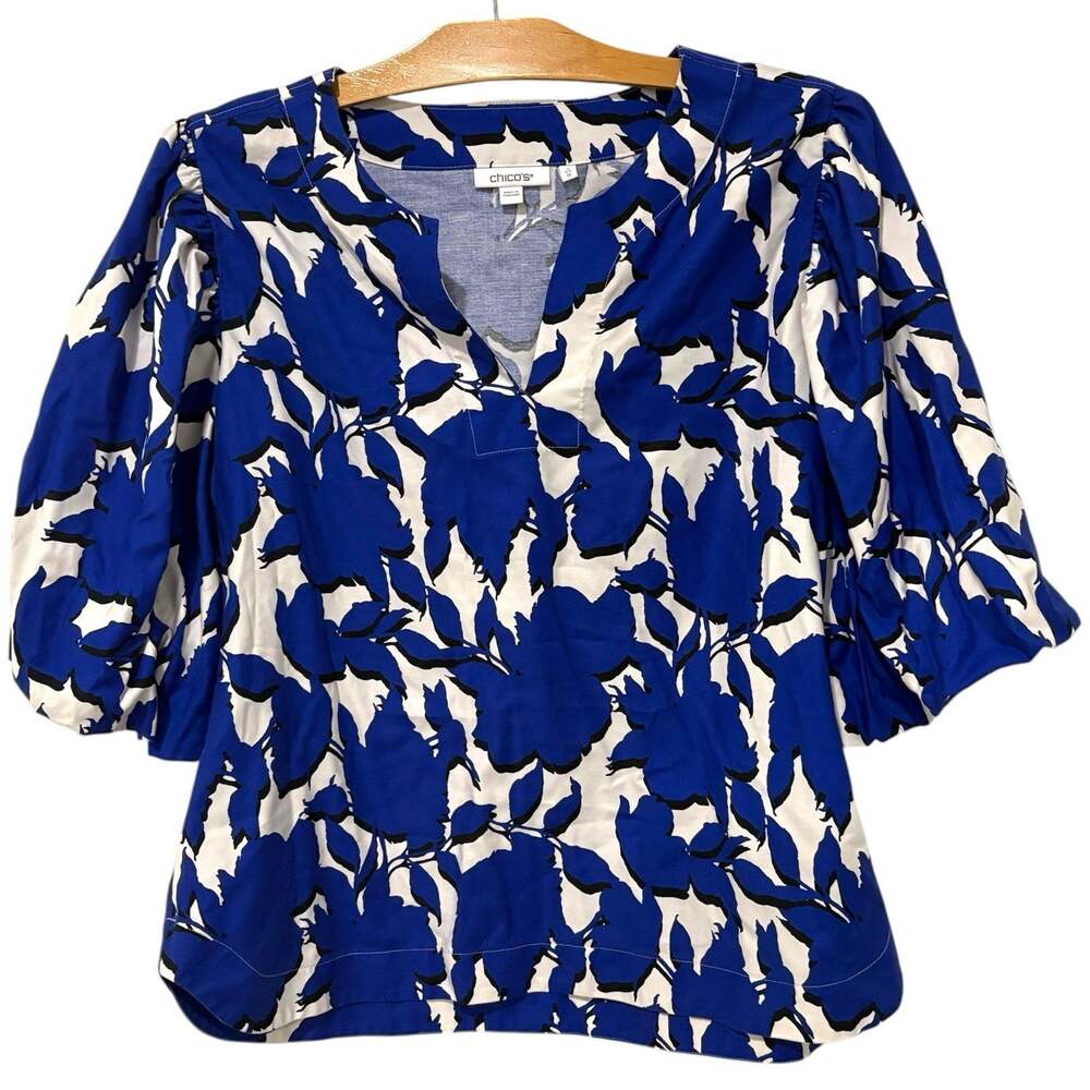 Chico's | Top Floral Blue Short Puff Sleeve Cotton Stretch- Size 12 2 Large